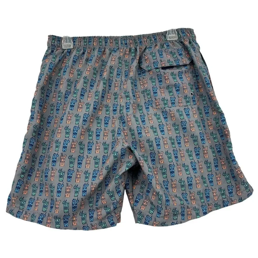 Life is Good Swim Trunks Men Size L Gray Tiki Print Mesh Lined Drawstring Shorts